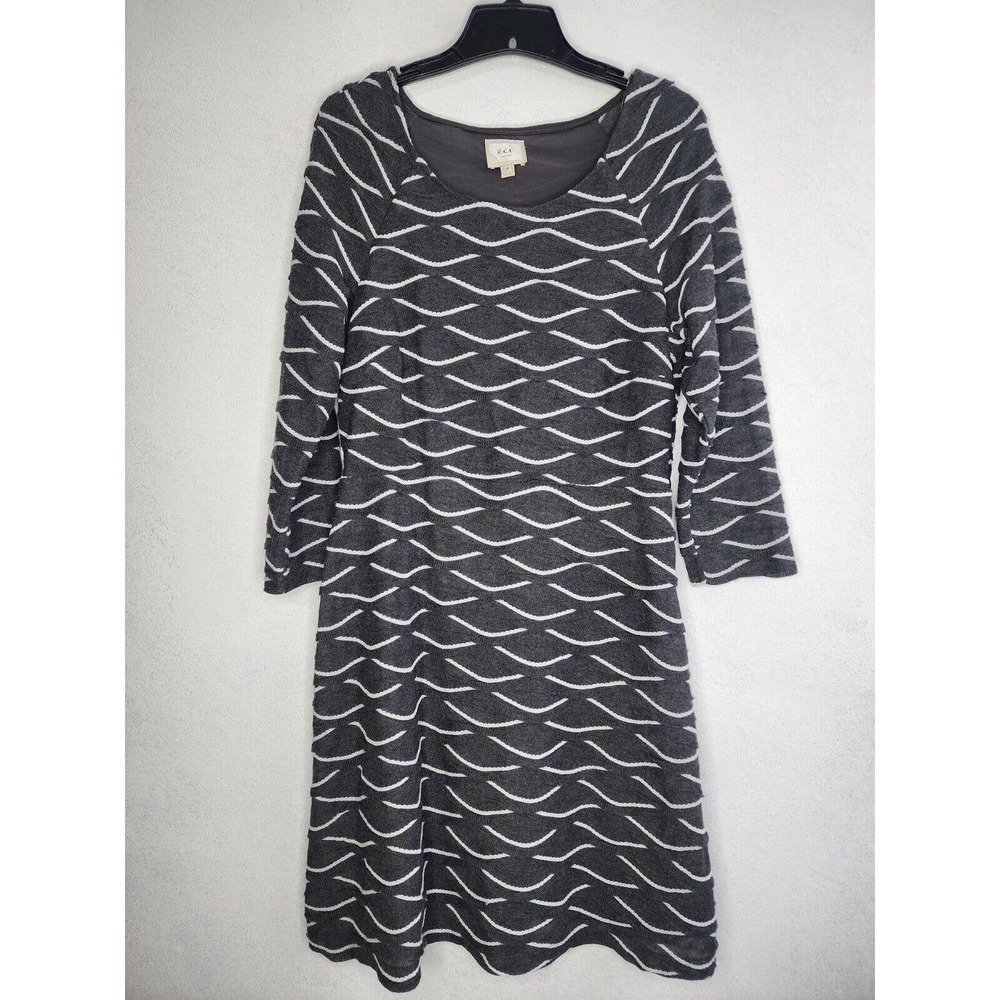 ECI New York Sweater Dress 3/4 Sleeve Grey Overlapping Pattern Size 8